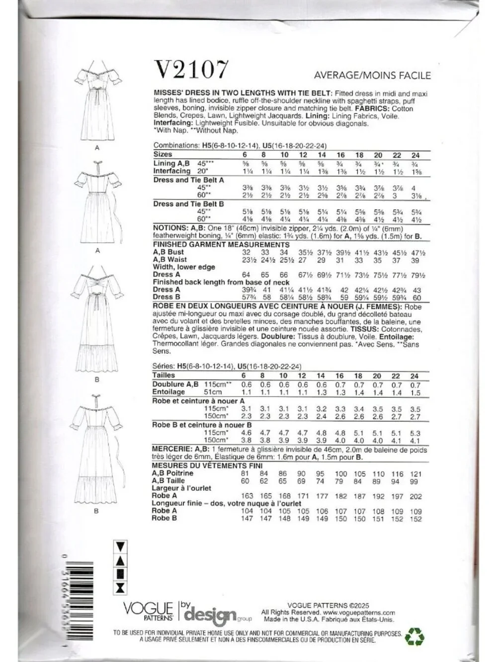 Vogue V2107 Womens 16 to 24 Maxi or Midi Off Shoulder Dress Uncut Sewing Pattern